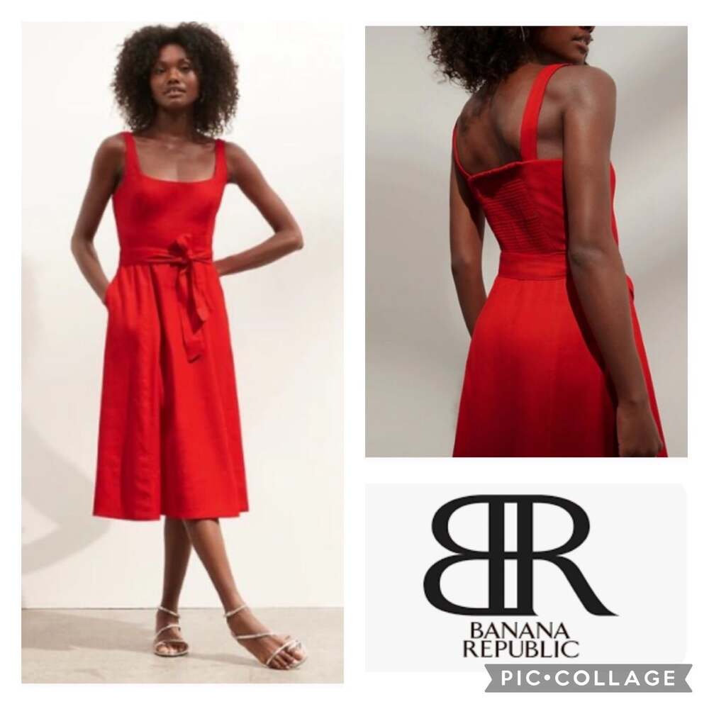 Banana Republic Vibrant Red Square-Neck Midi Dress with Waist Tie